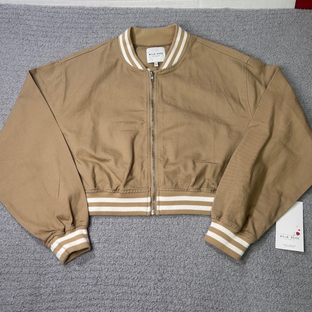 Wild Rose Bomber Jacket Self Love Club Large Tan‎ Varsity Cropped Streetwear Zip